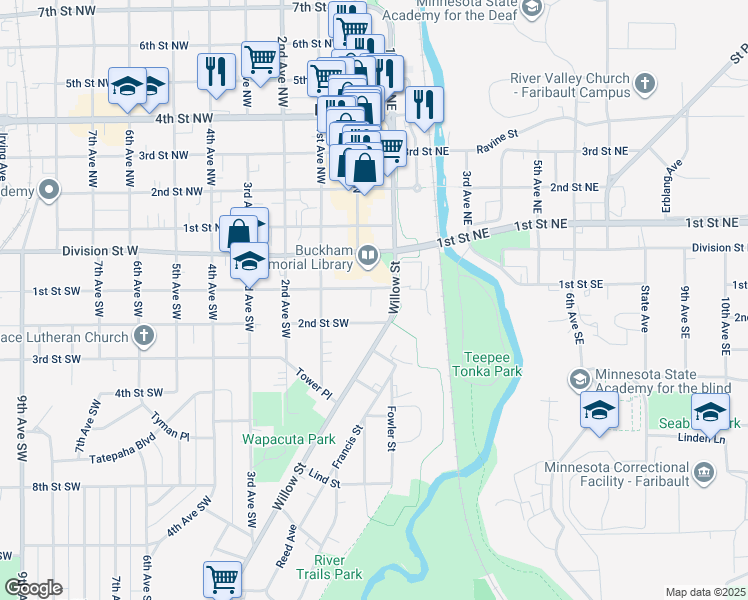 map of restaurants, bars, coffee shops, grocery stores, and more near 114 Willow Street in Faribault