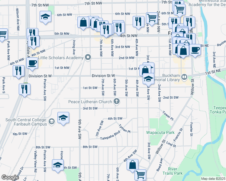 map of restaurants, bars, coffee shops, grocery stores, and more near 527 1st Street Southwest in Faribault
