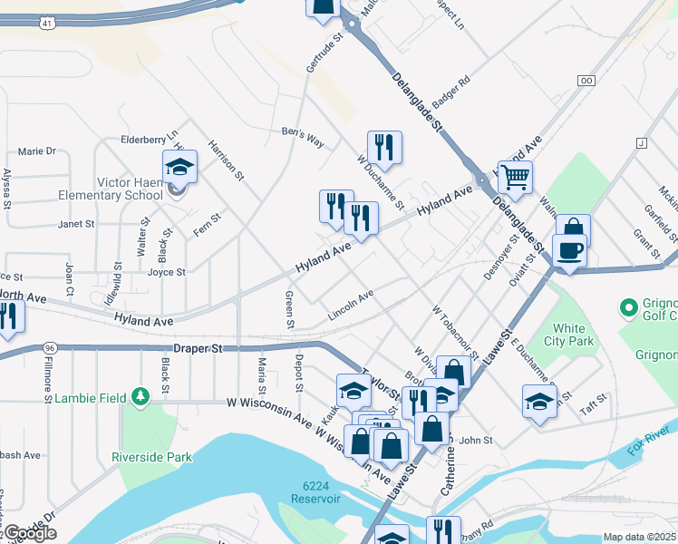 map of restaurants, bars, coffee shops, grocery stores, and more near 629 George St in Kaukauna