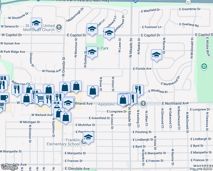 map of restaurants, bars, coffee shops, grocery stores, and more near 2 East Bradford Avenue in Appleton