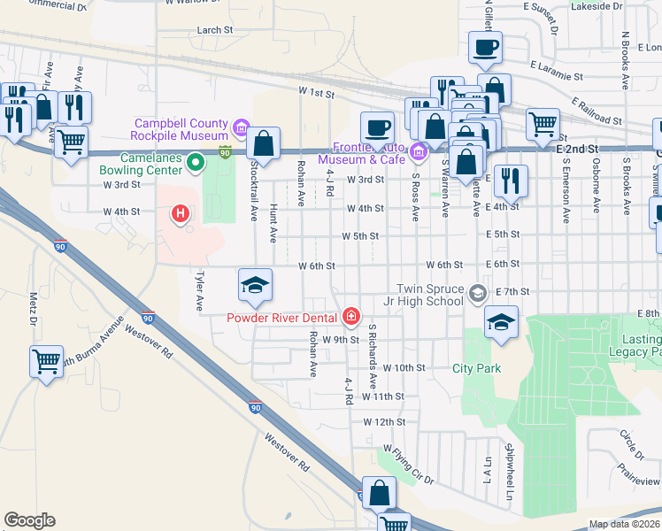 map of restaurants, bars, coffee shops, grocery stores, and more near 599 West 6th Street in Gillette