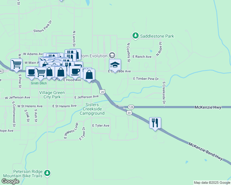 map of restaurants, bars, coffee shops, grocery stores, and more near 415 Timber Creek Drive in Sisters