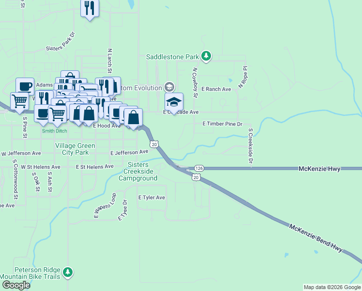 map of restaurants, bars, coffee shops, grocery stores, and more near 415 Timber Creek Drive in Sisters