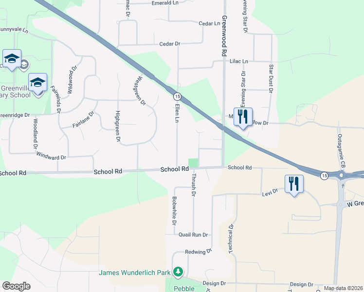map of restaurants, bars, coffee shops, grocery stores, and more near N1341 Greenwood Court in Greenville