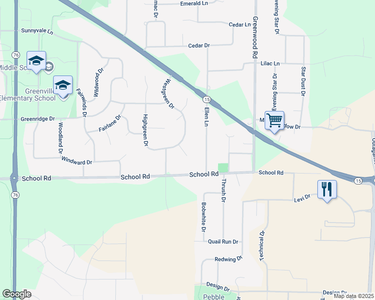 map of restaurants, bars, coffee shops, grocery stores, and more near N1342 Westgreen Court in Greenville