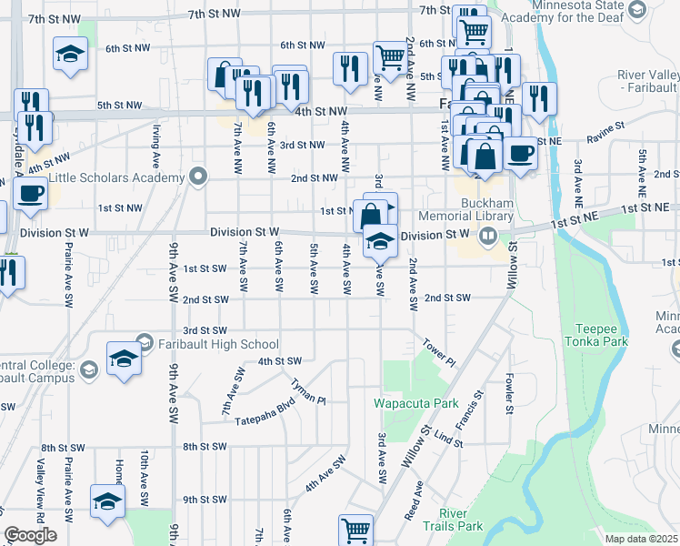 map of restaurants, bars, coffee shops, grocery stores, and more near 102 4th Avenue Southwest in Faribault