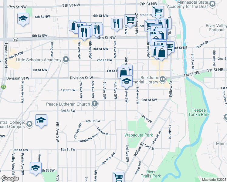 map of restaurants, bars, coffee shops, grocery stores, and more near 102 4th Avenue Southwest in Faribault