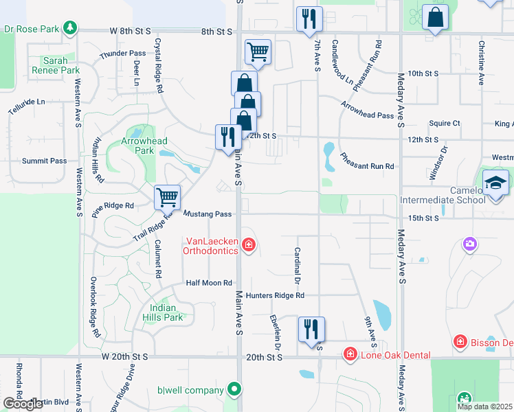 map of restaurants, bars, coffee shops, grocery stores, and more near 423 15th Street South in Brookings