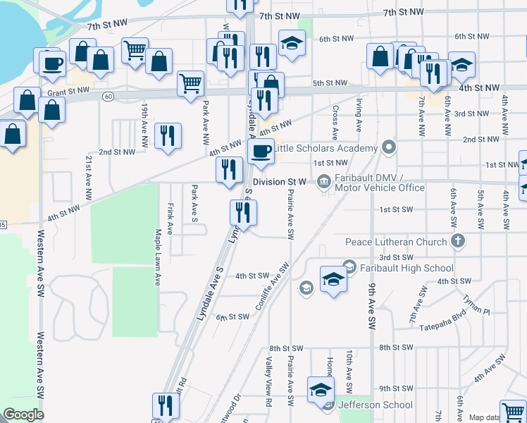 map of restaurants, bars, coffee shops, grocery stores, and more near 201 Lyndale Avenue South in Faribault