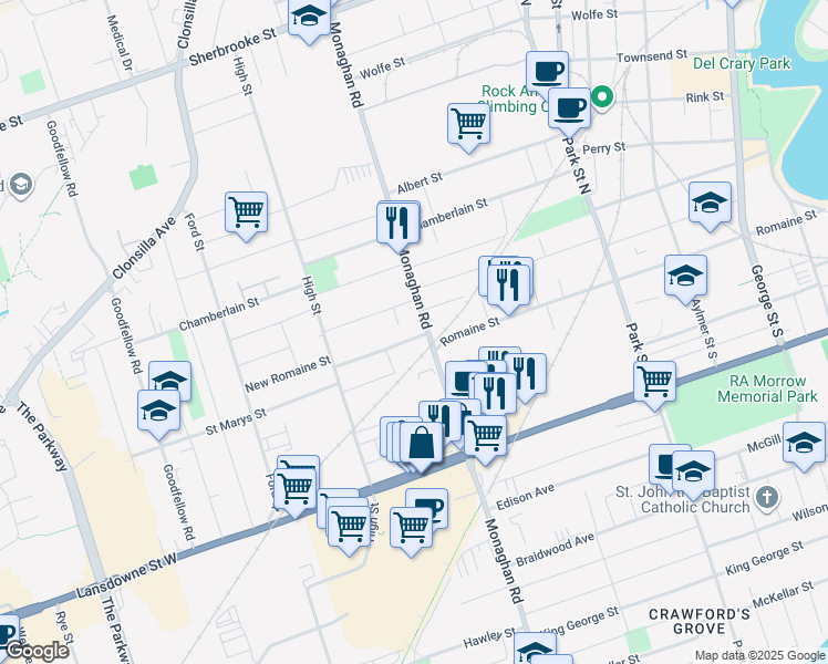 map of restaurants, bars, coffee shops, grocery stores, and more near 607 Romaine Street in Peterborough