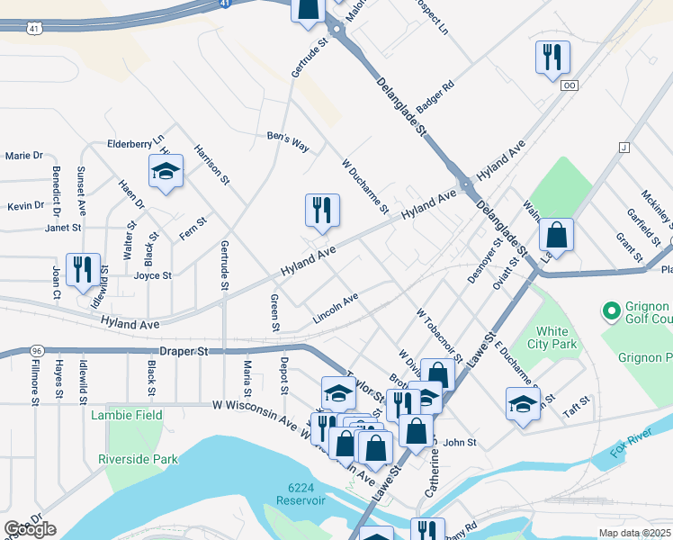 map of restaurants, bars, coffee shops, grocery stores, and more near 629 George Street in Kaukauna