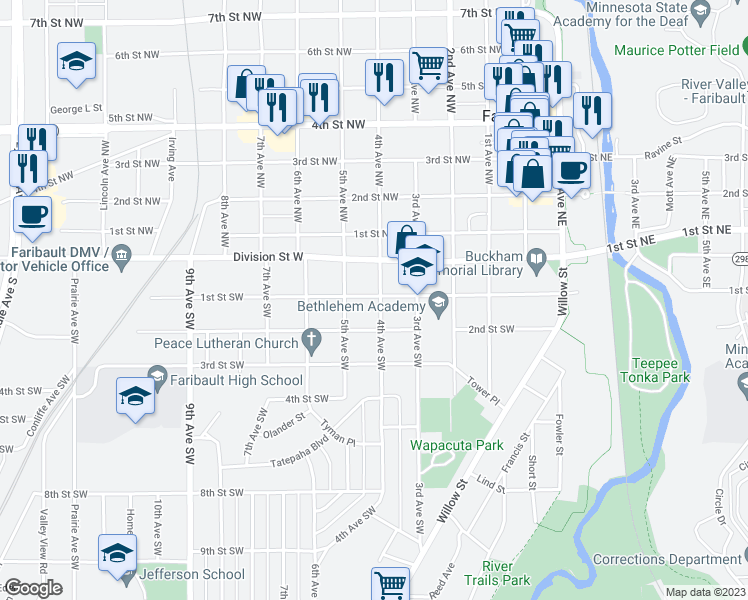 map of restaurants, bars, coffee shops, grocery stores, and more near 102 4th Avenue Southwest in Faribault