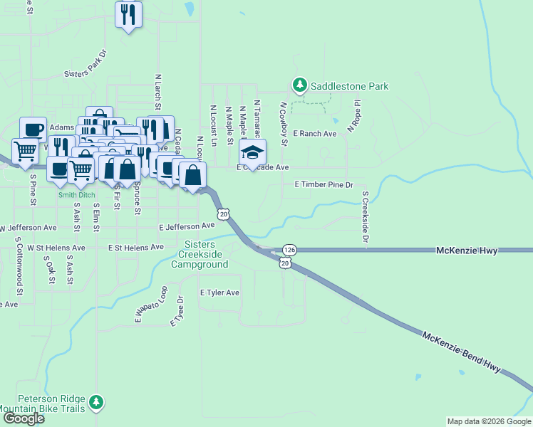 map of restaurants, bars, coffee shops, grocery stores, and more near 355 Timber Creek Drive in Sisters