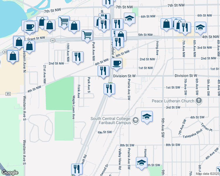 map of restaurants, bars, coffee shops, grocery stores, and more near 201 Lyndale Avenue South in Faribault