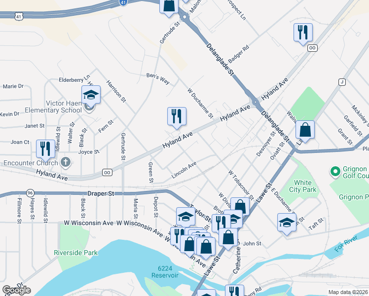 map of restaurants, bars, coffee shops, grocery stores, and more near 629 George Street in Kaukauna