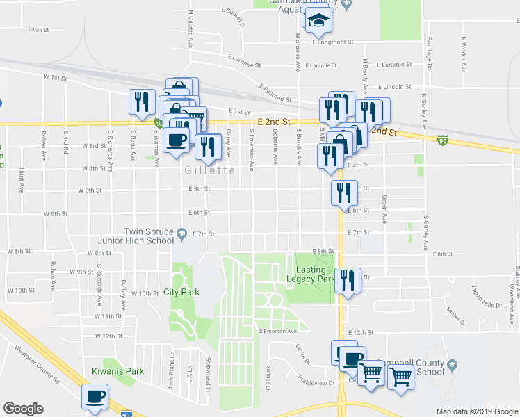 map of restaurants, bars, coffee shops, grocery stores, and more near 603 South Emerson Avenue in Gillette