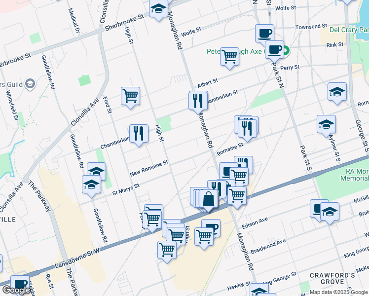map of restaurants, bars, coffee shops, grocery stores, and more near 644 Romaine Street in Peterborough