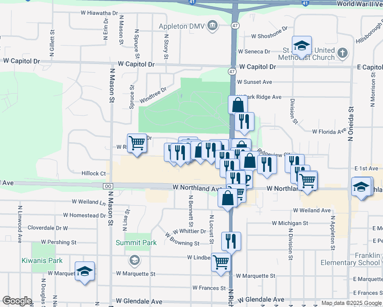 map of restaurants, bars, coffee shops, grocery stores, and more near 972 West Northland Avenue in Appleton