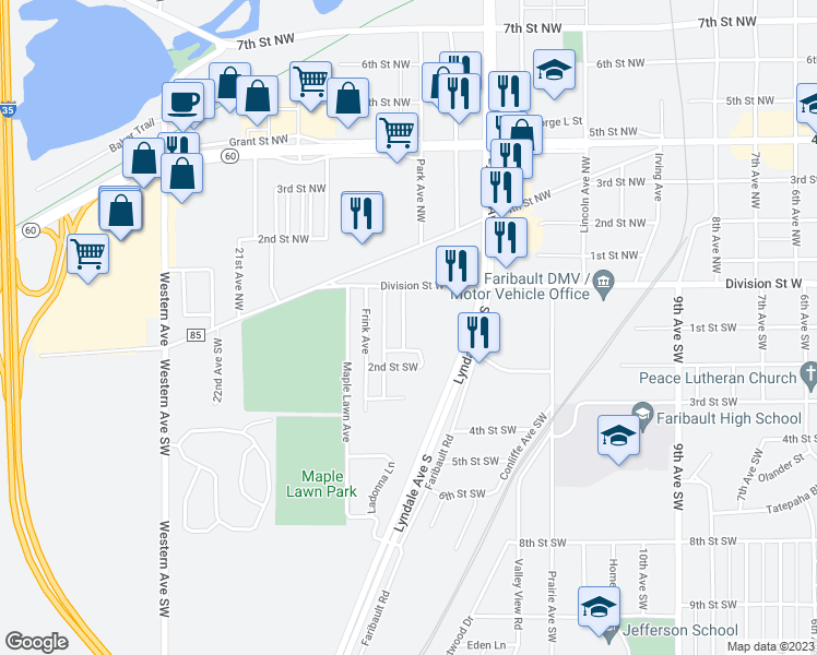 map of restaurants, bars, coffee shops, grocery stores, and more near 101 Park Avenue South in Faribault
