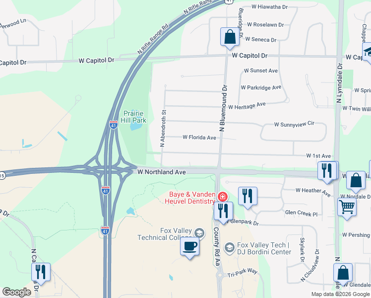 map of restaurants, bars, coffee shops, grocery stores, and more near 3585 West 1st Avenue in Appleton