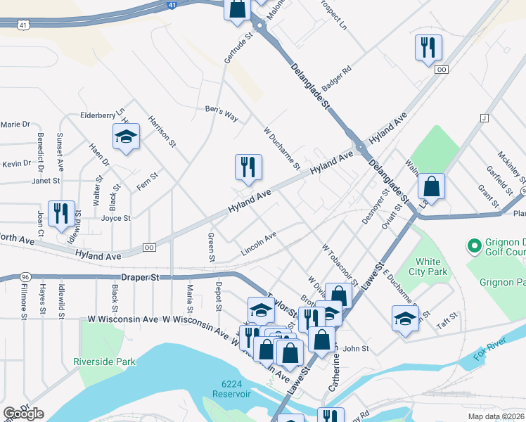 map of restaurants, bars, coffee shops, grocery stores, and more near 629 George Street in Kaukauna