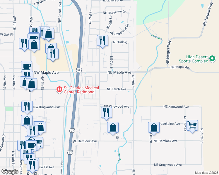 map of restaurants, bars, coffee shops, grocery stores, and more near 611 Northeast Larch Avenue in Redmond