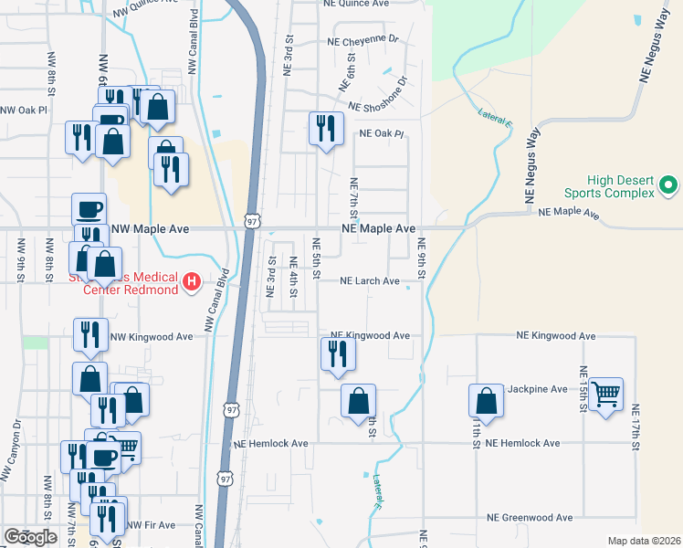 map of restaurants, bars, coffee shops, grocery stores, and more near 565 Northeast Larch Avenue in Redmond