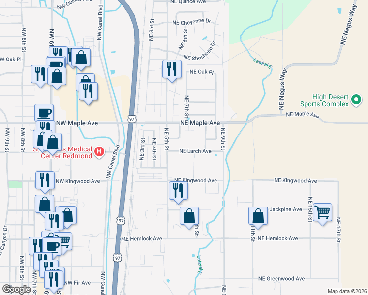 map of restaurants, bars, coffee shops, grocery stores, and more near 608 Northeast Larch Avenue in Redmond