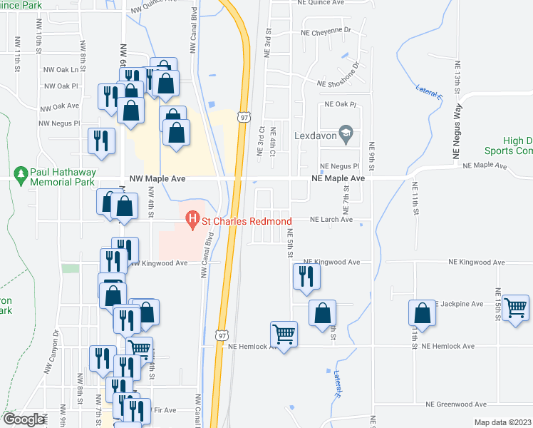 map of restaurants, bars, coffee shops, grocery stores, and more near 1415 Northeast 4th Street in Redmond