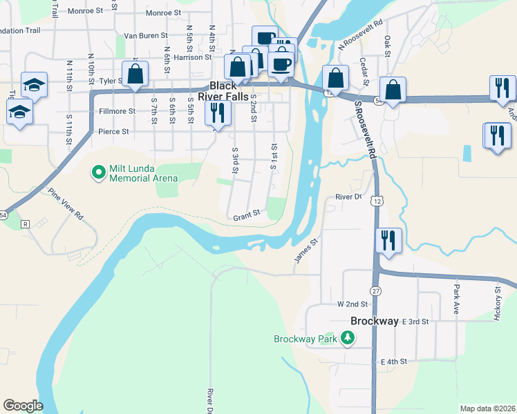 map of restaurants, bars, coffee shops, grocery stores, and more near 419 South 1st Street in Black River Falls