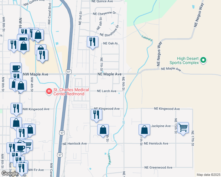 map of restaurants, bars, coffee shops, grocery stores, and more near 712 Northeast Larch Avenue in Redmond