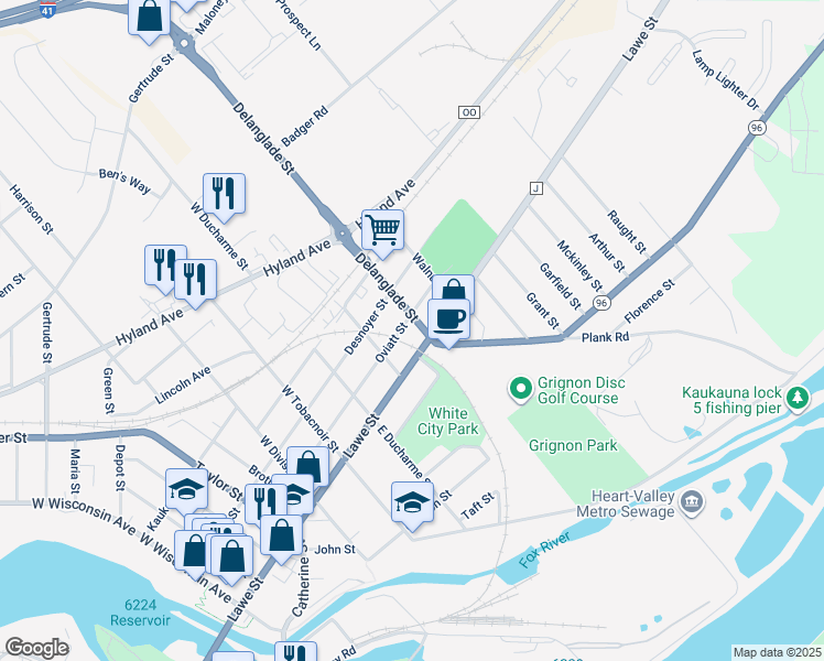 map of restaurants, bars, coffee shops, grocery stores, and more near 1013 Lawe Street in Kaukauna