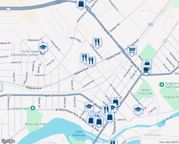 map of restaurants, bars, coffee shops, grocery stores, and more near 629 George Street in Kaukauna