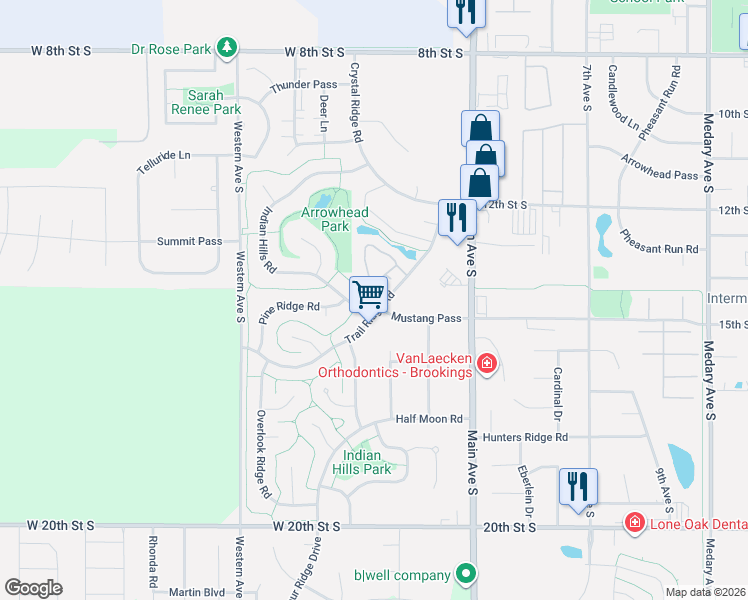map of restaurants, bars, coffee shops, grocery stores, and more near 134 Trail Ridge Road in Brookings