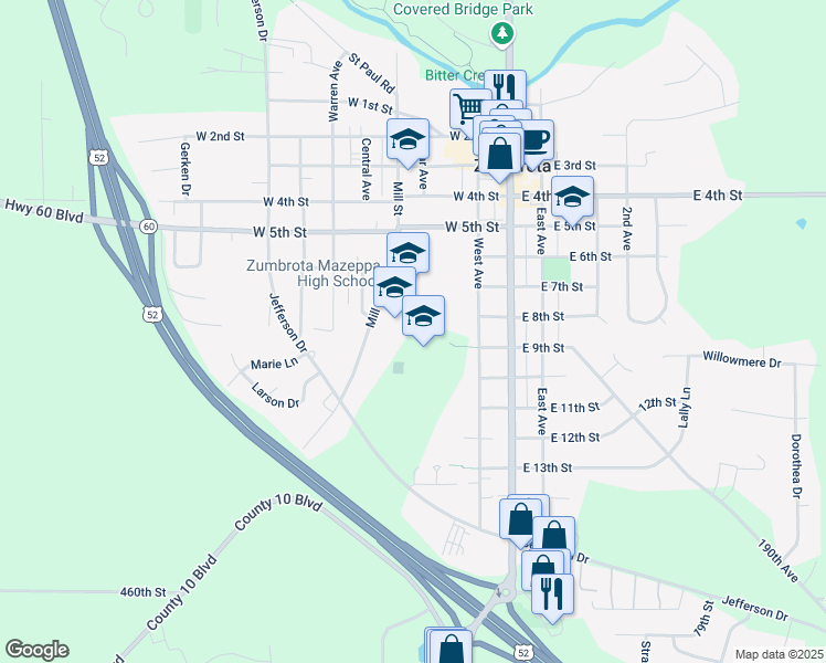 map of restaurants, bars, coffee shops, grocery stores, and more near 705 Mill Street in Zumbrota