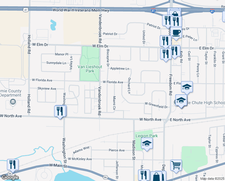 map of restaurants, bars, coffee shops, grocery stores, and more near 1421 Miami Circle in Little Chute