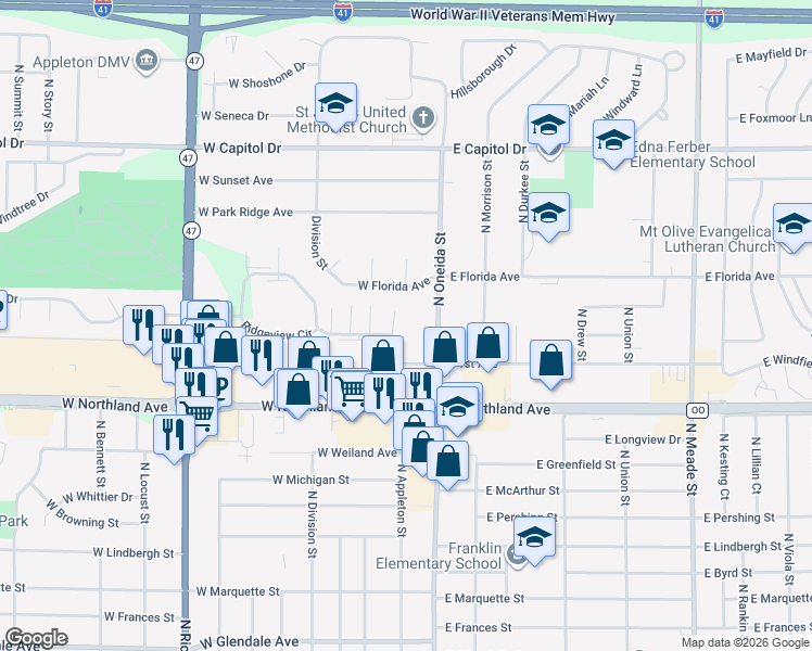 map of restaurants, bars, coffee shops, grocery stores, and more near 2918 North Appleton Street in Appleton