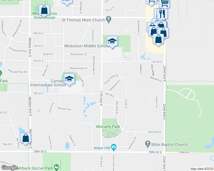 map of restaurants, bars, coffee shops, grocery stores, and more near 1720 Torrey Pines Drive in Brookings