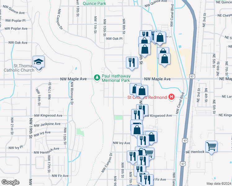 map of restaurants, bars, coffee shops, grocery stores, and more near 1338 Northwest 9th Street in Redmond