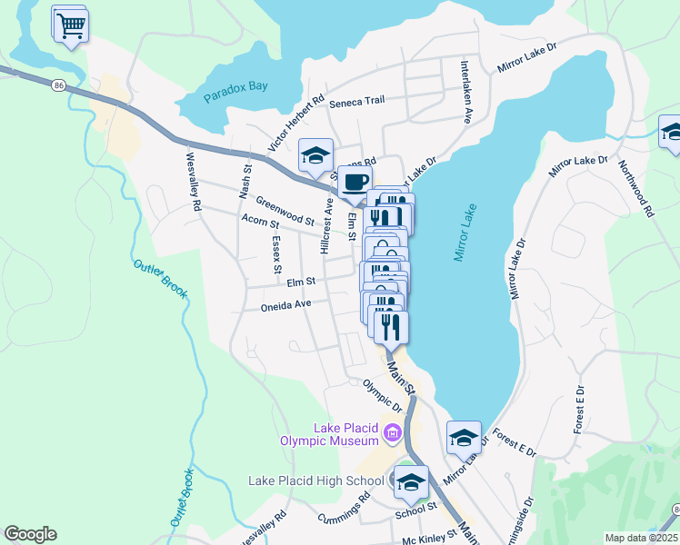map of restaurants, bars, coffee shops, grocery stores, and more near 92 Hillcrest Avenue in Lake Placid