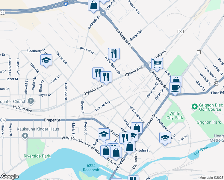 map of restaurants, bars, coffee shops, grocery stores, and more near 709 Lincoln Avenue in Kaukauna