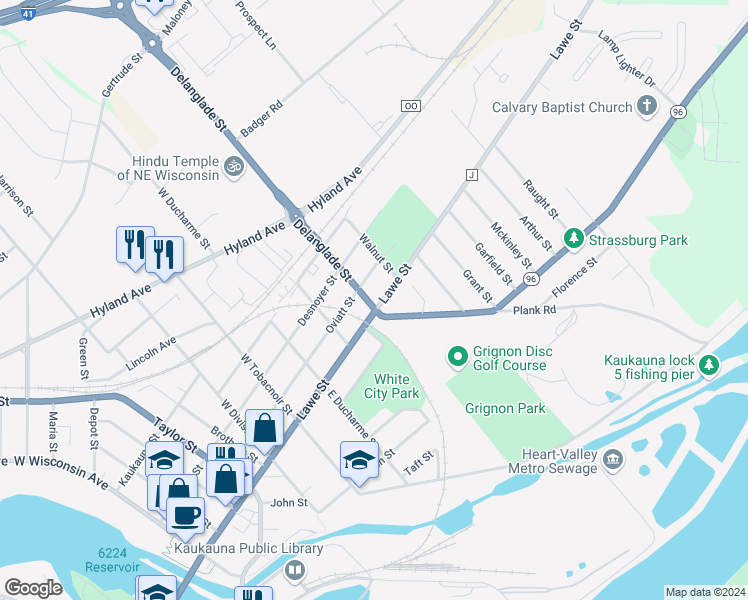 map of restaurants, bars, coffee shops, grocery stores, and more near 111 Plank Road in Kaukauna