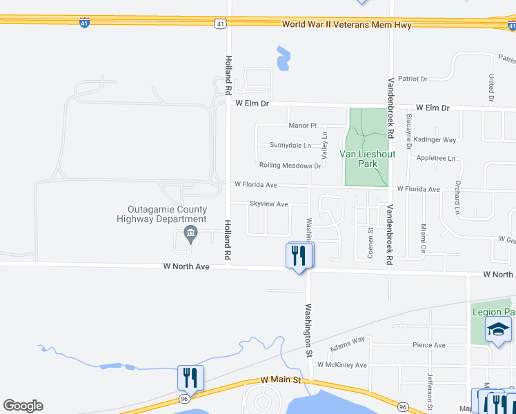 map of restaurants, bars, coffee shops, grocery stores, and more near 1003 Skyview Avenue in Little Chute