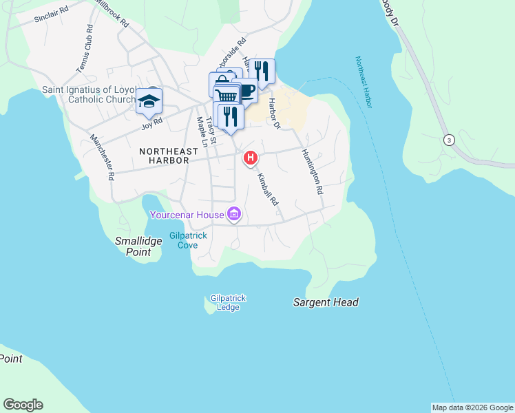 map of restaurants, bars, coffee shops, grocery stores, and more near 29 South Shore Road in Mount Desert