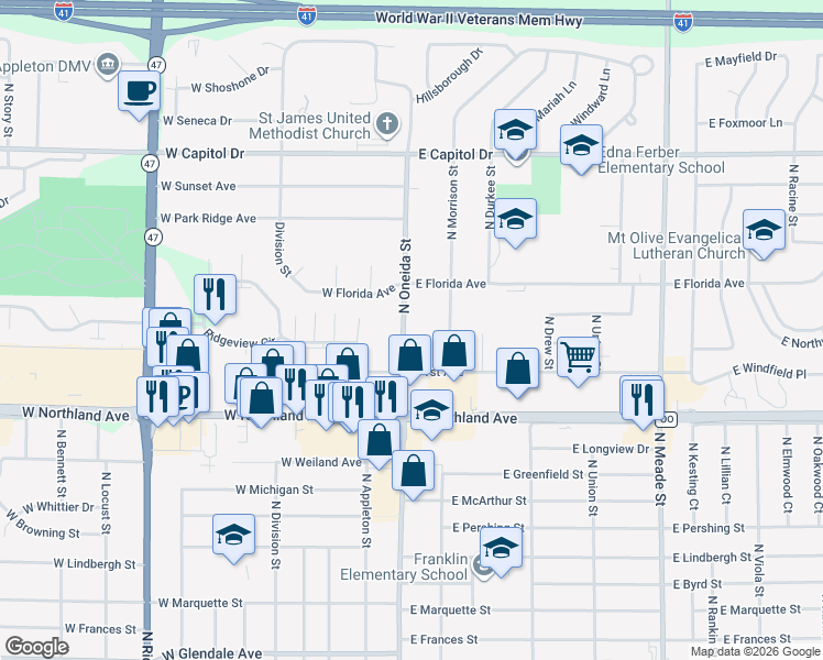 map of restaurants, bars, coffee shops, grocery stores, and more near 2912 North Oneida Street in Appleton