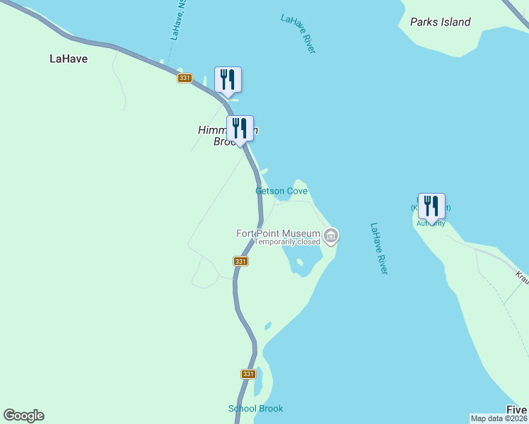 map of restaurants, bars, coffee shops, grocery stores, and more near 3533 Nova Scotia 331 in LaHave