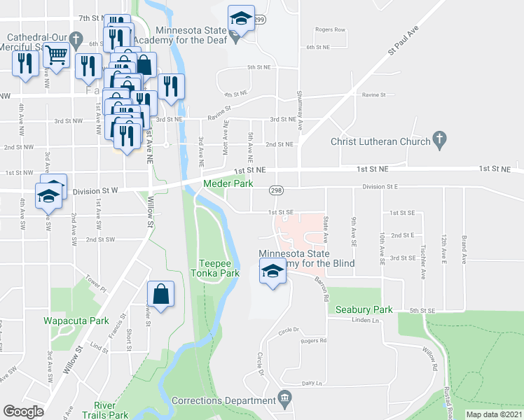 map of restaurants, bars, coffee shops, grocery stores, and more near 200 6th Avenue Southeast in Faribault