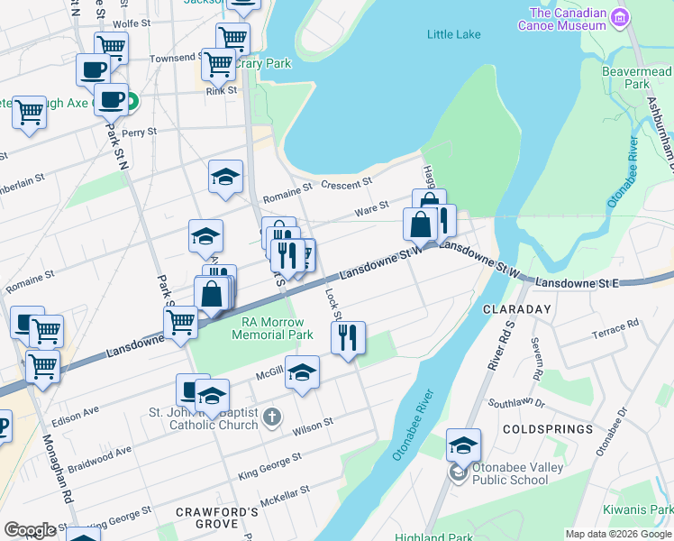 map of restaurants, bars, coffee shops, grocery stores, and more near 112 Lansdowne Street West in Peterborough