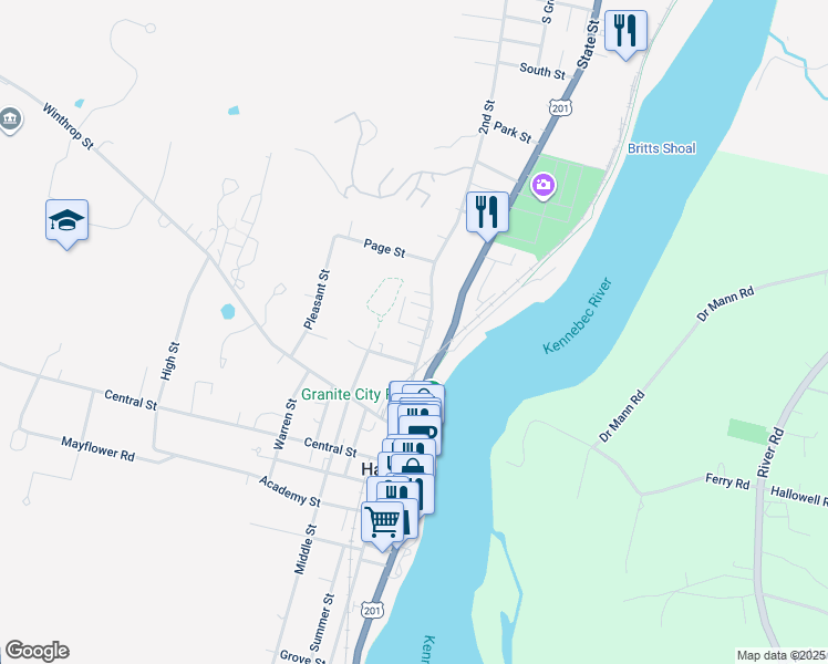 map of restaurants, bars, coffee shops, grocery stores, and more near 3 Lincoln Street in Hallowell
