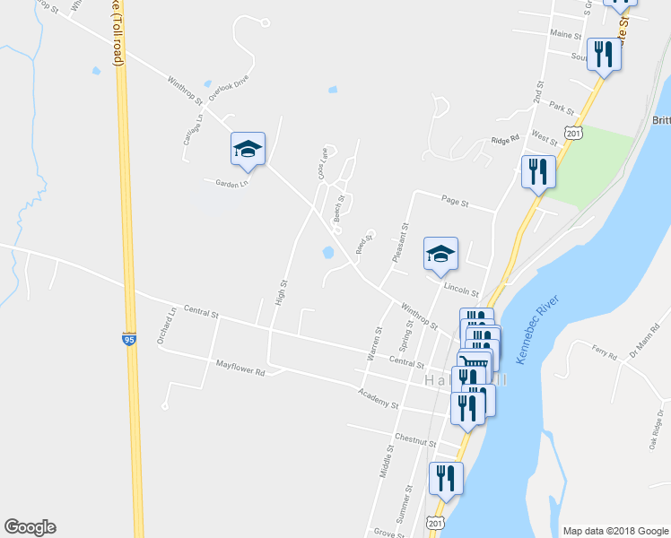 map of restaurants, bars, coffee shops, grocery stores, and more near Oakwood Drive in Hallowell